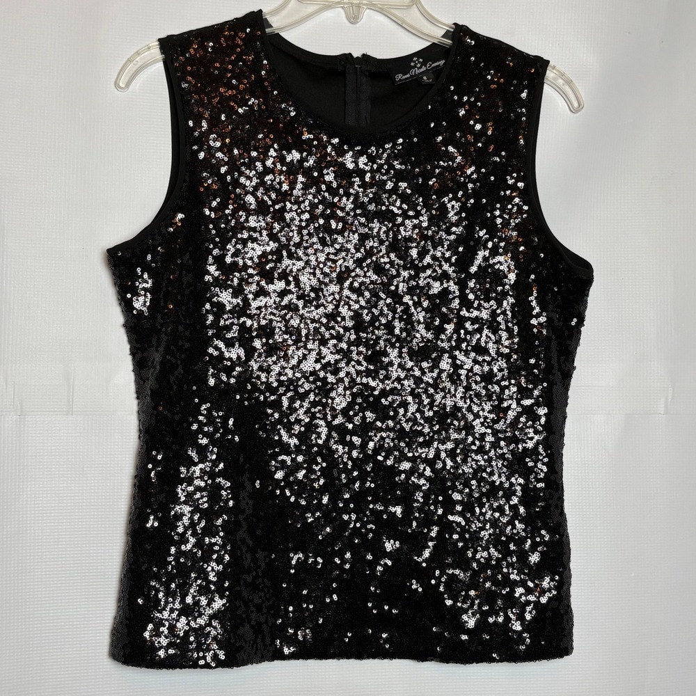 Ronni Nicole Evenings Black Sequin Sleeveless Top Round Neck Zip Back